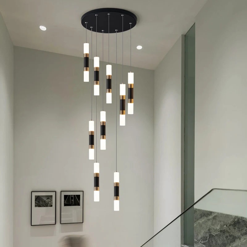 Nordic led long tube chandelier modern villa restaurant living room staircase indoor lighting mall hall staircase Chandelier