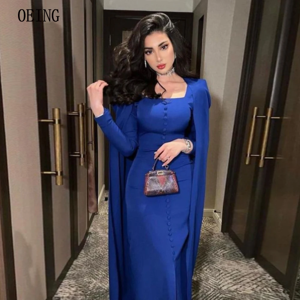 

OEING Royal Blue Front Slit Arabic Evening Prom Gown with Long Sleeves Button Floor Length Luxurious Gala Dress Custom Made