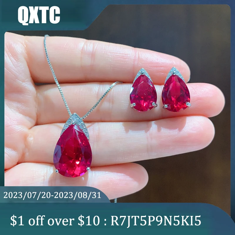 

Trend Wedding Jewelry Sets for Women Synthetic Ruby Gemstone High Carbon Diamonds Pendant Necklace Earrings Female Gifts