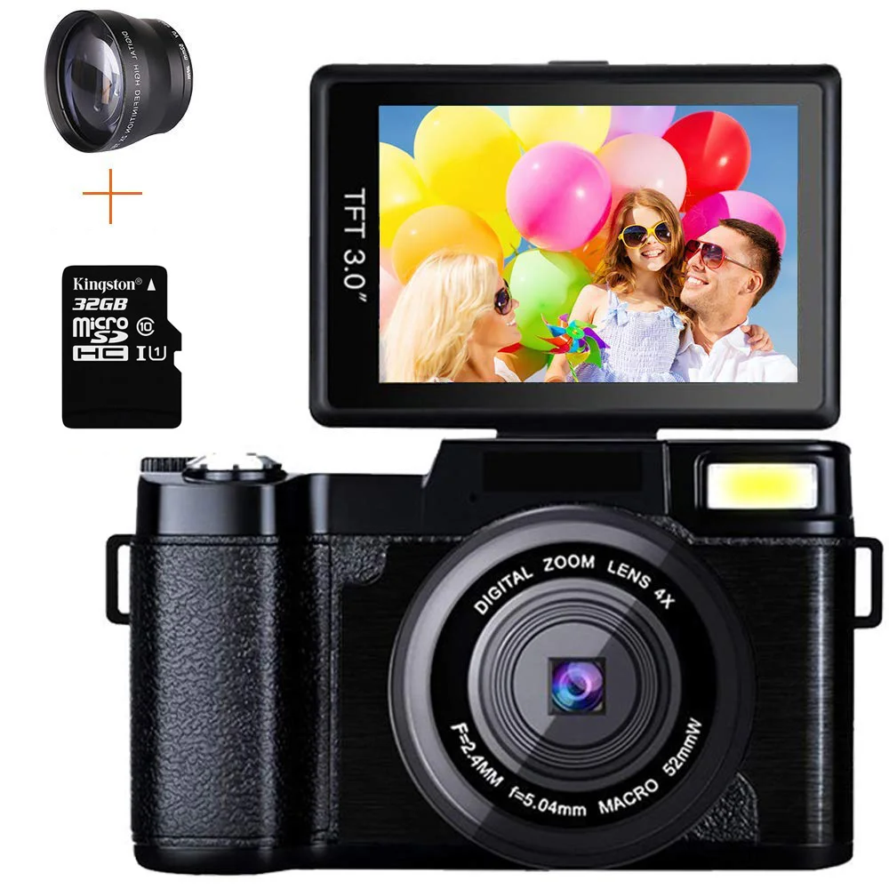 

New Professional 24MP Video Camera 4X Zoom Rotatable Screen Full 1080P Anti-Shake SLR Camcorder Photo W/ Wide Lens And 32GB Card