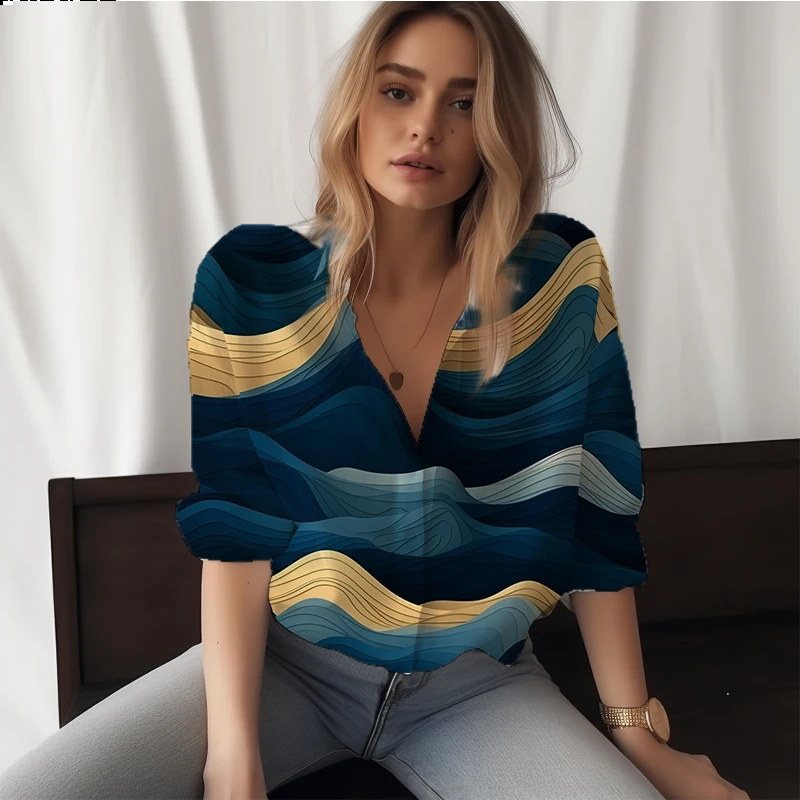 

Summer new lady shirt color wave 3D printed lady shirt retro style women's shirt trend fashion loose lady shirt