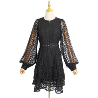 embroidered hollow court style skirt 2022 autumn new three dimensional flower lantern sleeve dress with belt