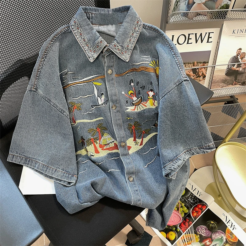

Vintage Embroidered Denim Shirt Short Sleeve Top for Women's Summer Harajuku Loose Coat Shirts 2023 New Couple Tops