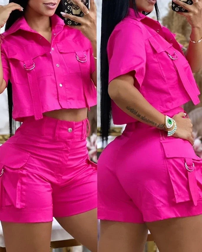 Воротник и откидная пуговица топ с открытым пупком повседневным карманом для