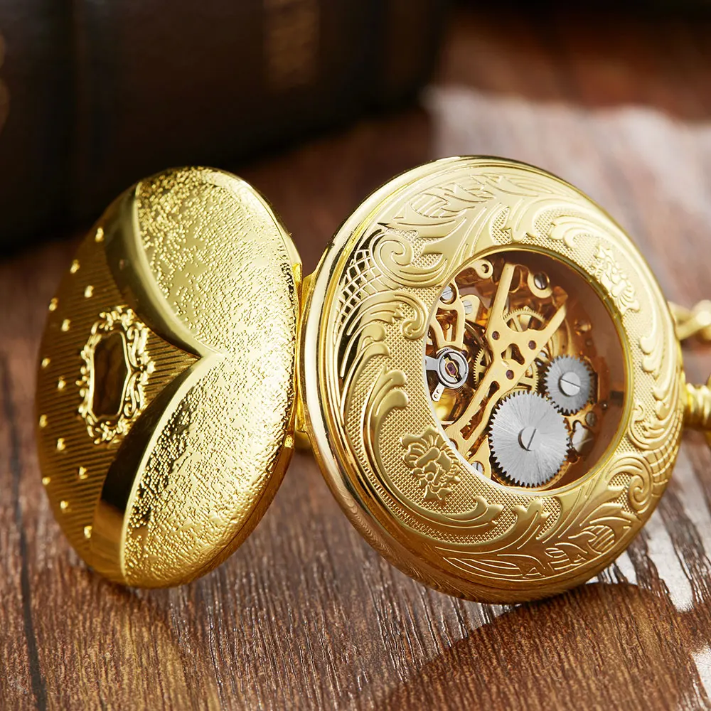 Vintage Golden Steampunk Mechanical Pocket Watch Men Hollow Skeleton Roman Dial Pocket FOB Watch Chain Male Clock Hand Wind