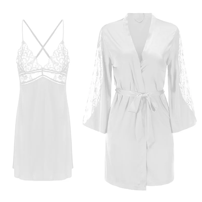 

White Women 2PCS Robe Gown Sets Summer Sexy Lace Hollow Out Lace Kimono Bathrobe V-Neck Nightgown Bride Lingerie Home Bath Wear