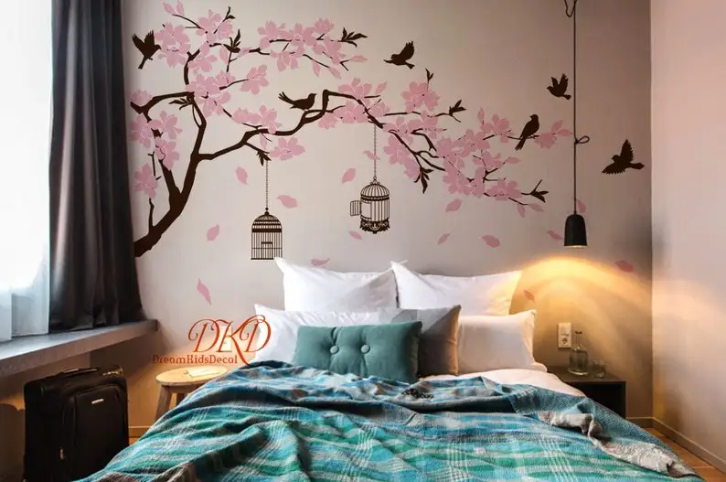 

Wall Decal Nursery Wall Stickers Cherry blossom Tree branch with birds birdcage, Nursery Wall Decals-DK371