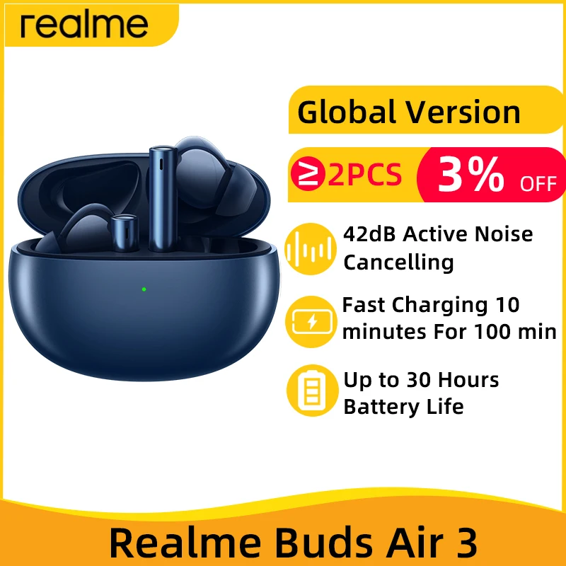 

Global Version realme buds Air 3 TWS Earphone Bluetooth 42dB Active Noise Cancelling Wireless Headphone IPX5 For realme 9 Pro