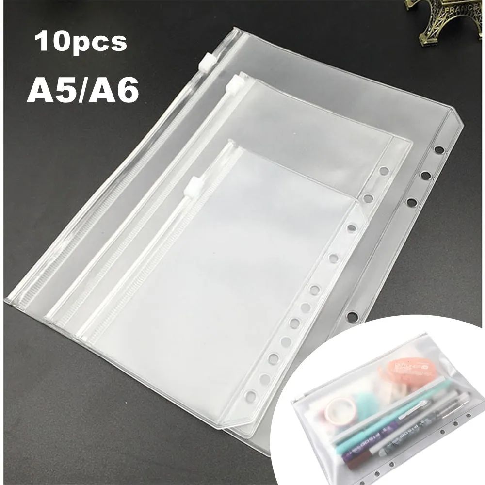 

10pcs A5/A6 Clear Zipper Envelope Binder Pockets Waterproof Pvc Cash Budget Envelopes Pouches For Notebook Planner Journey