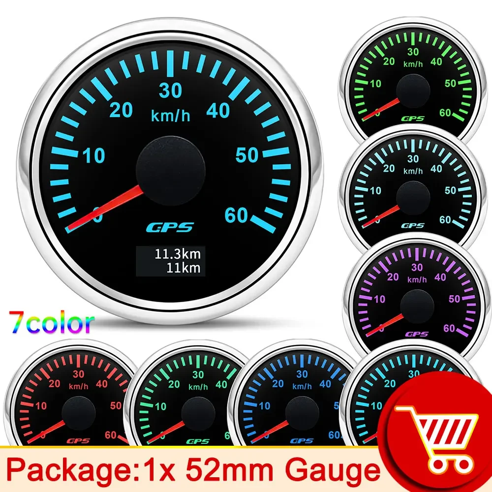 

52 мм цифровой GPS-спидометр, 7 цветов, подсветка, 12 В, 24 В, универсальный, подходит для транспортных средств, лодок, морского мотоцикла, яхты, Mph