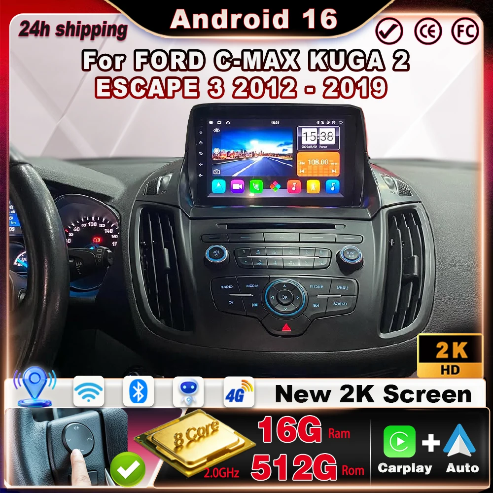 Фото Автомагнитола для FORD C-MAX KUGA 2 ESCAPE 3 2012-2019 с Android Auto, CarPlay, мультимедиа, навигацией и сенсорным экраном №1