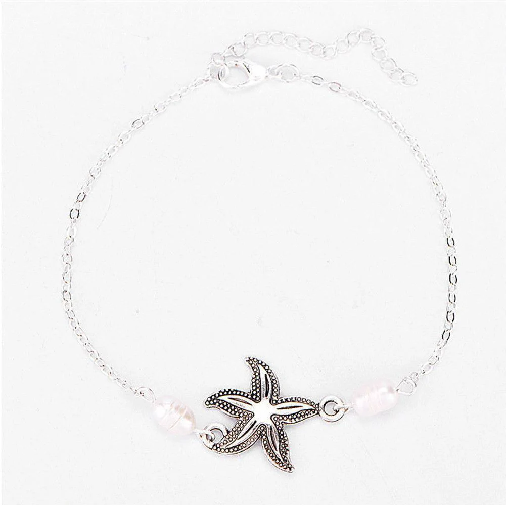 

New Women Charm Starfish Imitation Pearl Pendant Cross Chain Lady Anklet Fashion Silver New Alloy Anklet Bracelet Foot Jewelry