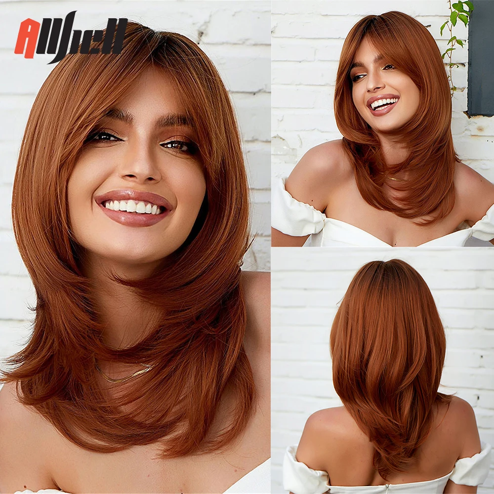 

Dark to Golden Bronze Natural Synthetic Wigs Cosplay Short Straight Layered Hair Wigs with Bang for Women Heat Resistant Wig