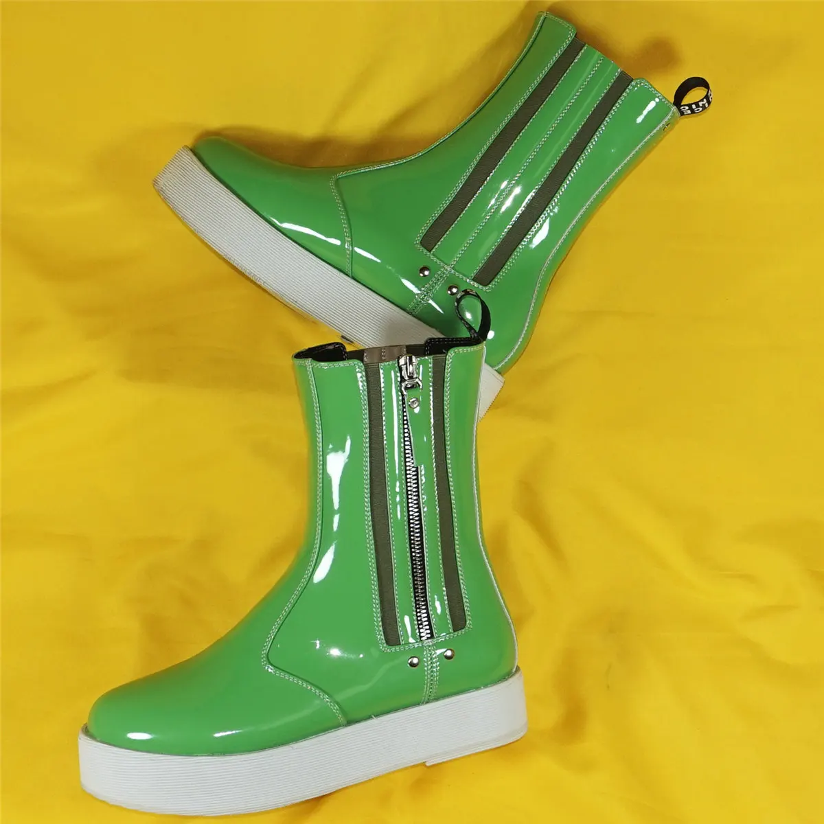 Chunky Platform Shoes Women Green Patent Leather Flat With Party Pumps Female High Top Round Toe Fashion Sneakers Casual Shoes