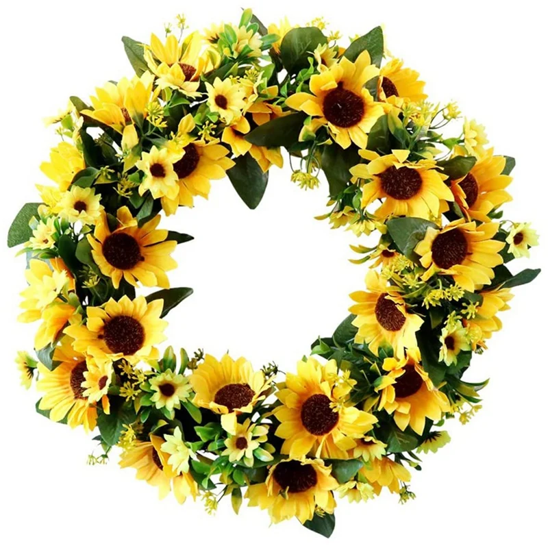 

18 Inch Artificial Sunflower Wreath Fall Autumn Wreath Fake Flower Wreath with Yellow Sunflower for Front Door Hanging