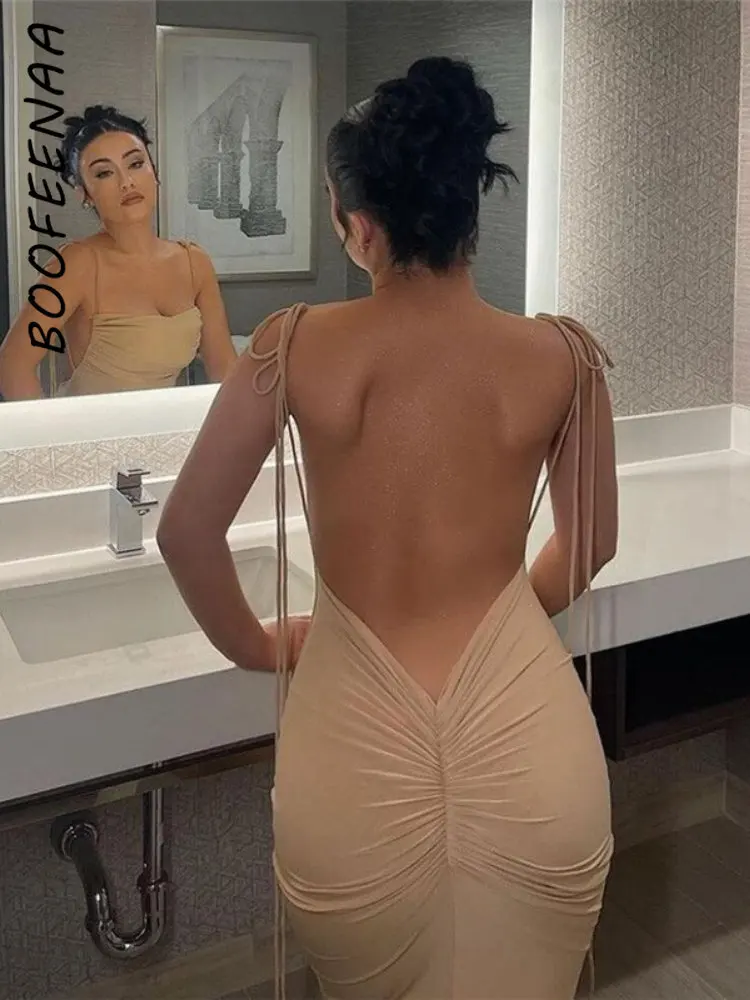 

BOOFEENAA Ruched Backless Bodycon Maxi Dress Elegant Sexy Cocktail Dresses for Woman Birthday Party Nightclub Outfits C83-BI35