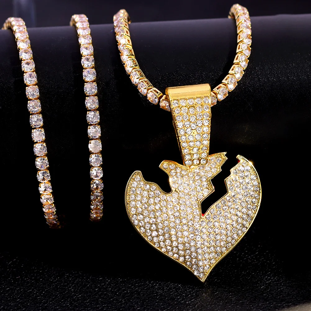 Hip Hop 14MM Cuban Chain With Heart Pendant Iced Out Crystal Rhinestones Cuban Link Choker Necklaces Punk Rapper Jewelry Gifts