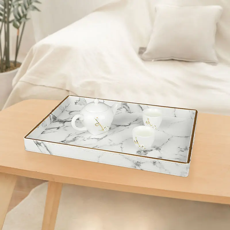 

Rectangle Marbled Storage Tray PU Leather Jewelry Plate Food Tea Cup Coffee Serving Tray Desktop Organizer Home Hotel Decor