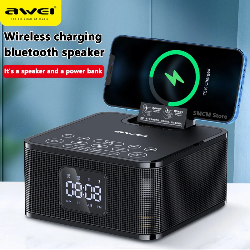 

Portable Mobile Phone Wireless Charger Speaker FM Radio Column Dual Trumpet TF Card U Disk Boombox LED Clock Display