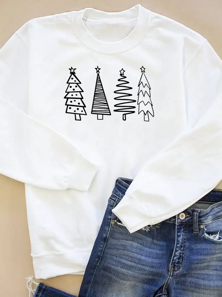 

New Year Sweatshirts Tree Simple 90s Cute Print Fashion Happy Holiday Merry Christmas Women Wear Graphic Pullovers Clothing