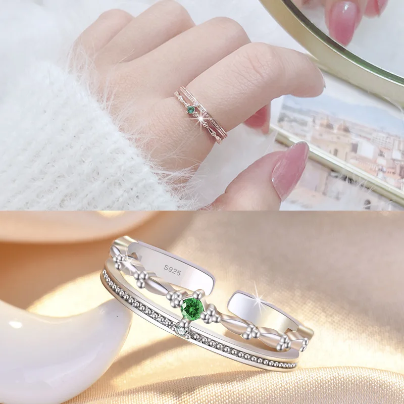 

New Luxury Elegant Retro Green Diamond Inlaid Fashion Rings Gold-plated Double Row Female Ring to Send Girlfriend Jewelry