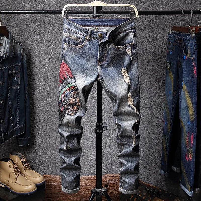 

New Men's Jeans Oversized Denim Pant High Quality Indians Embroider Retro Ripped Streetwear Straight Jeans Men Clothing BF1701