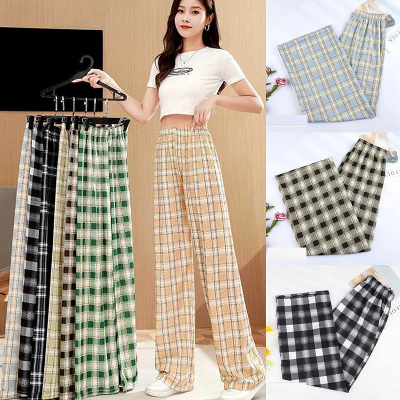 

Брюки женские клетчатые с широкими штанинами, повседневные свободные модные прямые длинные тонкие штаны с завышенной талией, на лето