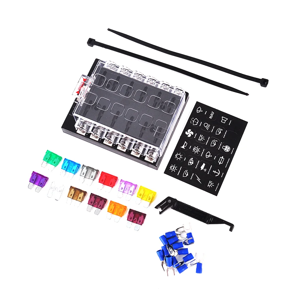 

12-Way Block Fuse Box Holder with Fuse for Automotive Marine (1*Fuse Holder + 12*Fuse +2*Tying Band + 1* Fuse Clamp +