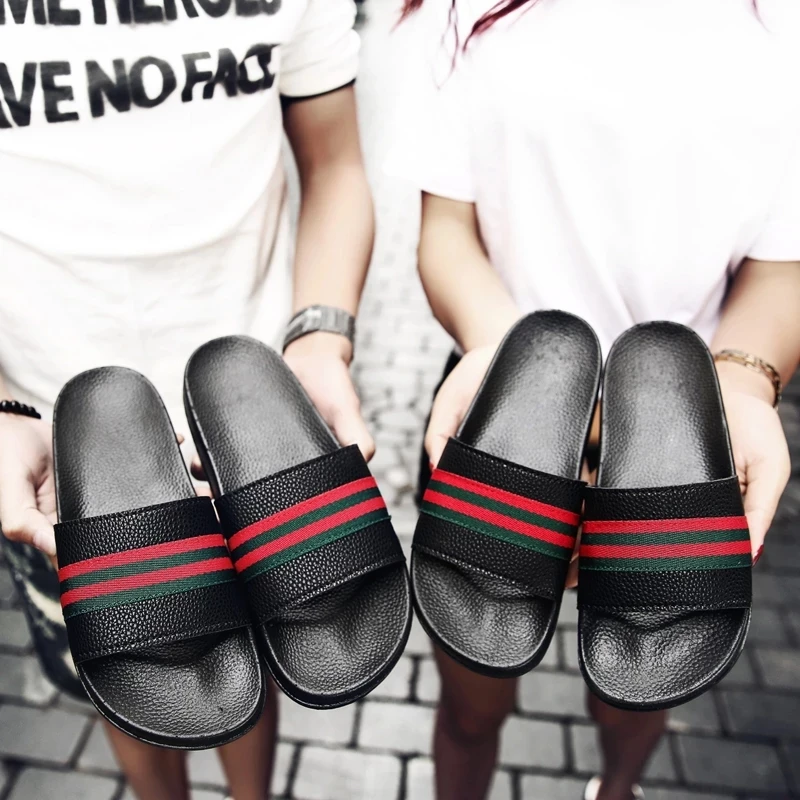 

Striped Designer Couples Slippers Shoes Leather Summer Footwear Female Slides Men Outdoor Flat Woman Sandals Mules slides men