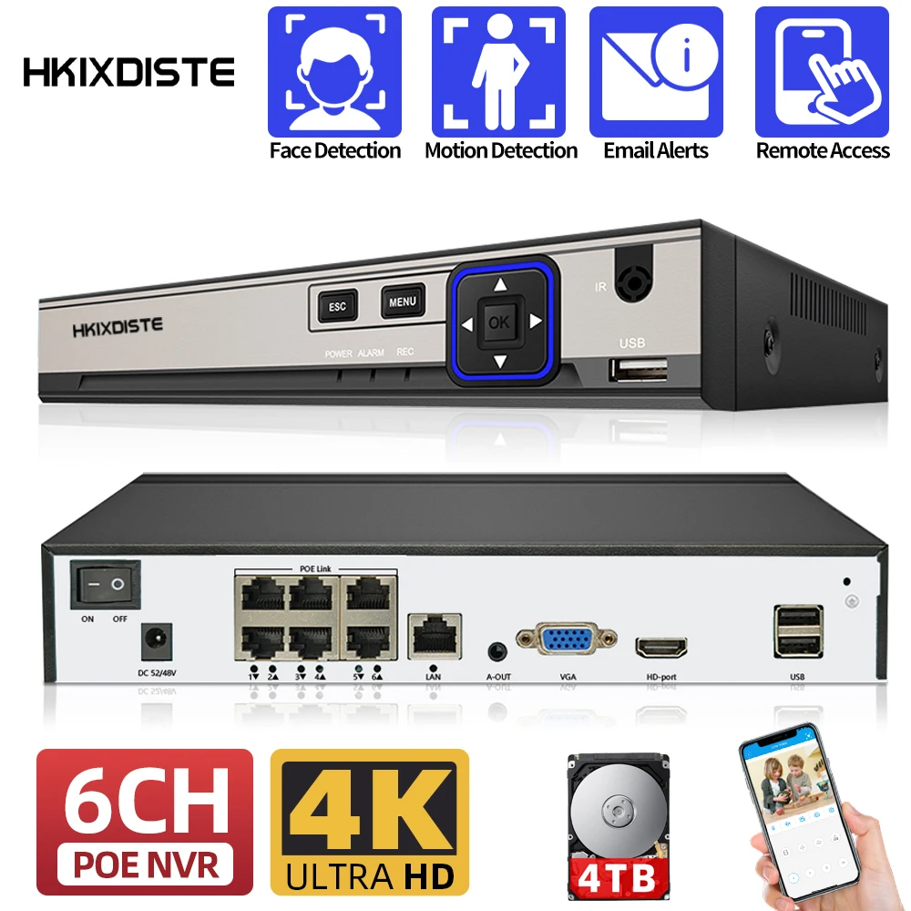 

HD 4CH 6CH 4K 8MP POE NVR Video Recorder H.265 48V Audio Out IP Camera AI Face Detection CCTV System P2P Network Xmeye APP