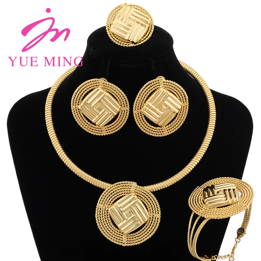 

Dubai Gold Color Jewelry Set For Women Geometry Earring Necklace Nigeria Bangles Rings Bridal Wedding Party Gift Adjustable Ring