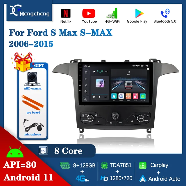 Автомобильный мультимедийный видеоплеер 9,0 дюйма для Ford S Max S-MAX 2006-2015, GPS-навигация, радио, Android 11, 8 ядер, 8 + 128G Carplay, No 2 Din, DVD 1