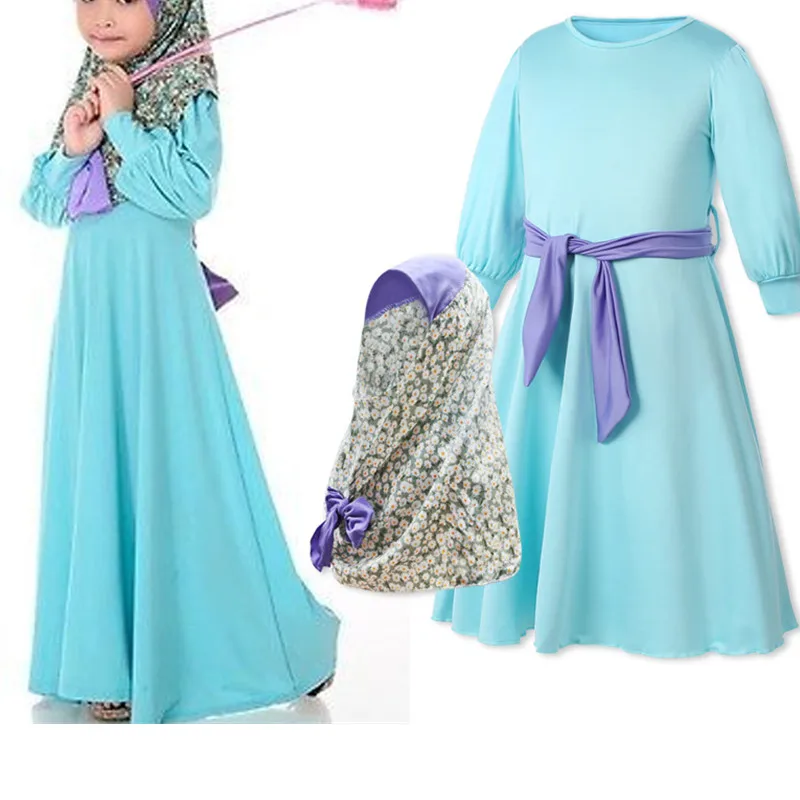 

Fashion Muslim Girls Long Sleeve Dress Kaftan Sweet Style Printed Hijab Abaya Robe Dubai Children Dresses