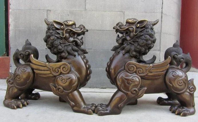 Высокая 10-дюймовая китайская королевская медная бронза фэн-шуй сглая дверь Foo Dog