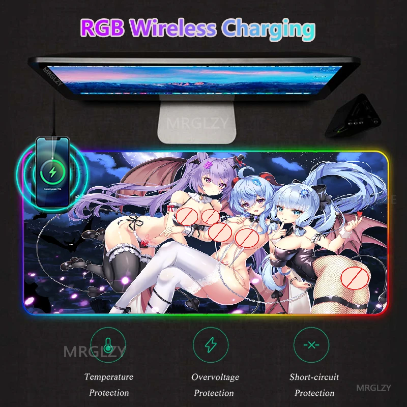 

Sexy Busty Girl RGB LED Mouse Pad Charger Mat Backlit Wireless Charging Rug Genshin Typec Interface Gaming Accessories MousePad