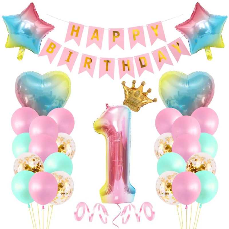 

29Pcs/Set Birthday Party Balloon Kit 40 inch Pink Gradient Digital Aluminum Film Balloons Happy Birthday Flag Baby Shower Decor