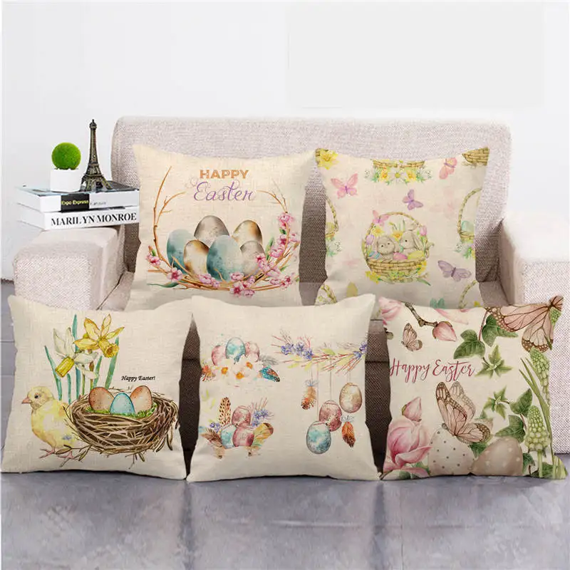 

Easter Cushion Cover Happy Easter Decorations for Home 2023 Sofa Covers 45*45cm Easter Bunny Eggs Linen Throw Pillows Covers