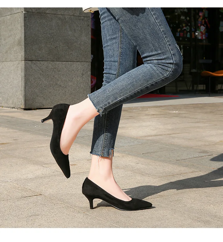 Spring AutumNew Women High Heel Pumps Middle heel Suedes Stiletto Professional Pointed Toe Daily OL Work Shoes Casual Large Size