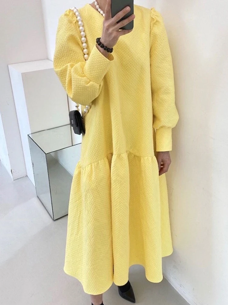 Женское длинное свободное платье [EWQ] корейское шикарное однотонное с круглым