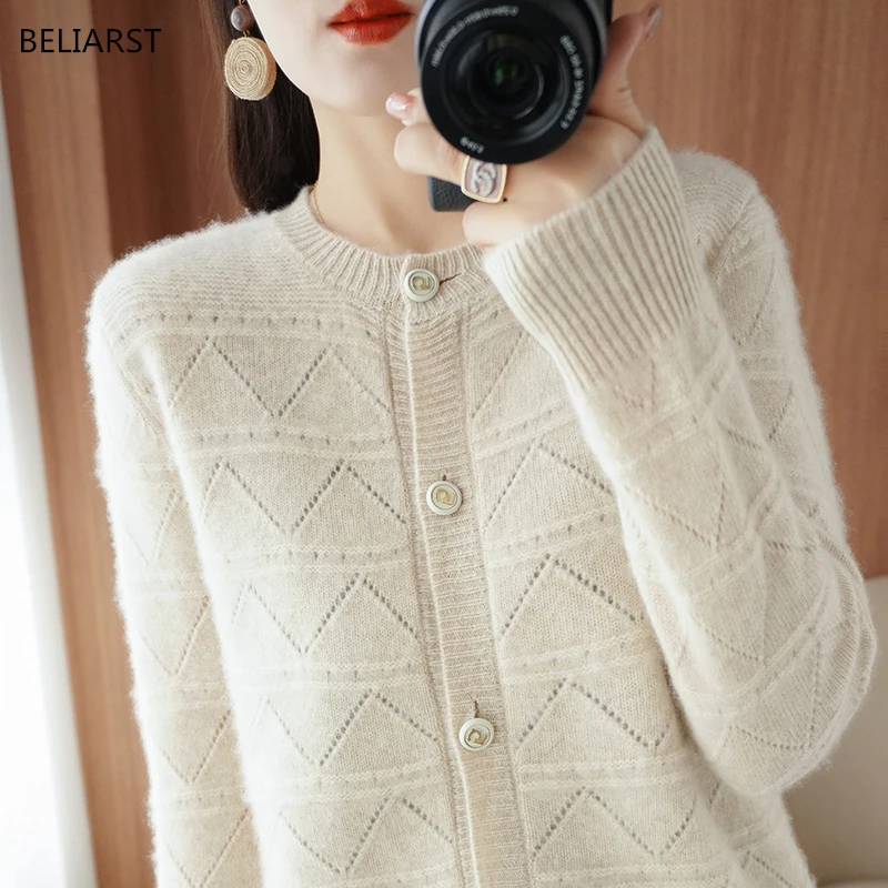 BELIARST весенне-осенний Новый кашемировый свитер женский кардиган с круглым