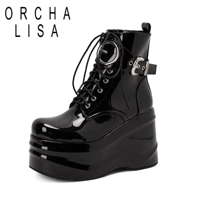 

ORCHALISA 2022 Women's Boots Round Toe Wedges 11cm Platform 6cm Zipper Lace-up Metal Decoration Big Size 35-44 Cool Party Shoes