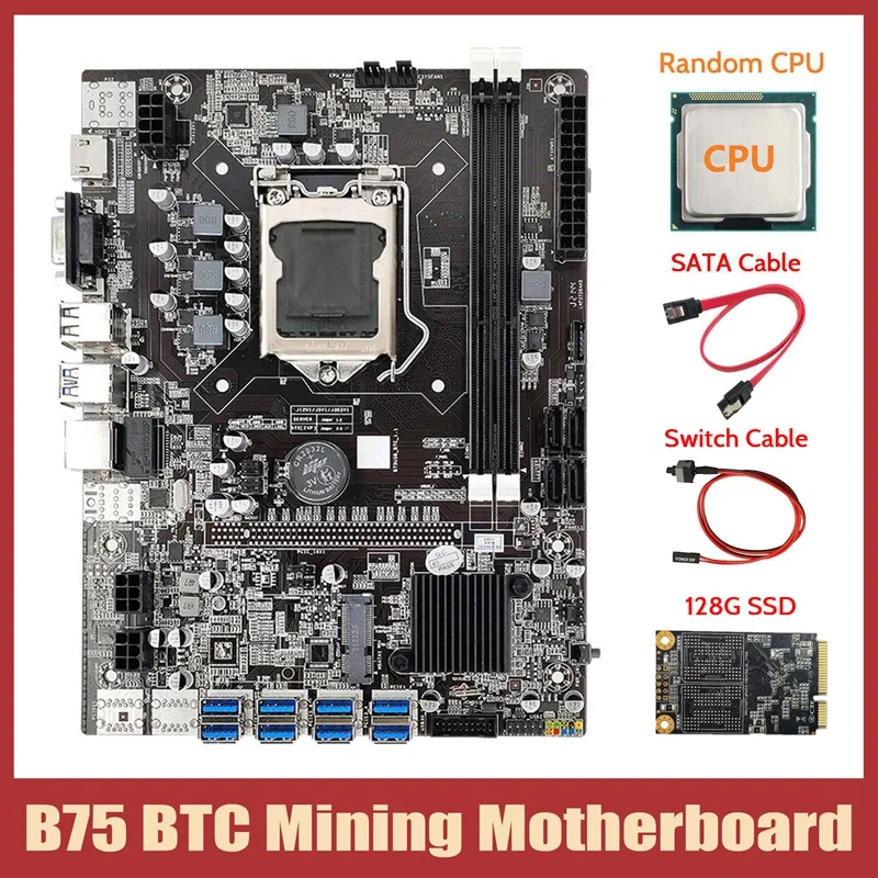 

B75 ETH Mining Motherboard+CPU+128G MSATA SSD+SATA Cable+Switch Cable LGA1155 8XPCIE To USB B75 BTC Miner Motherboard