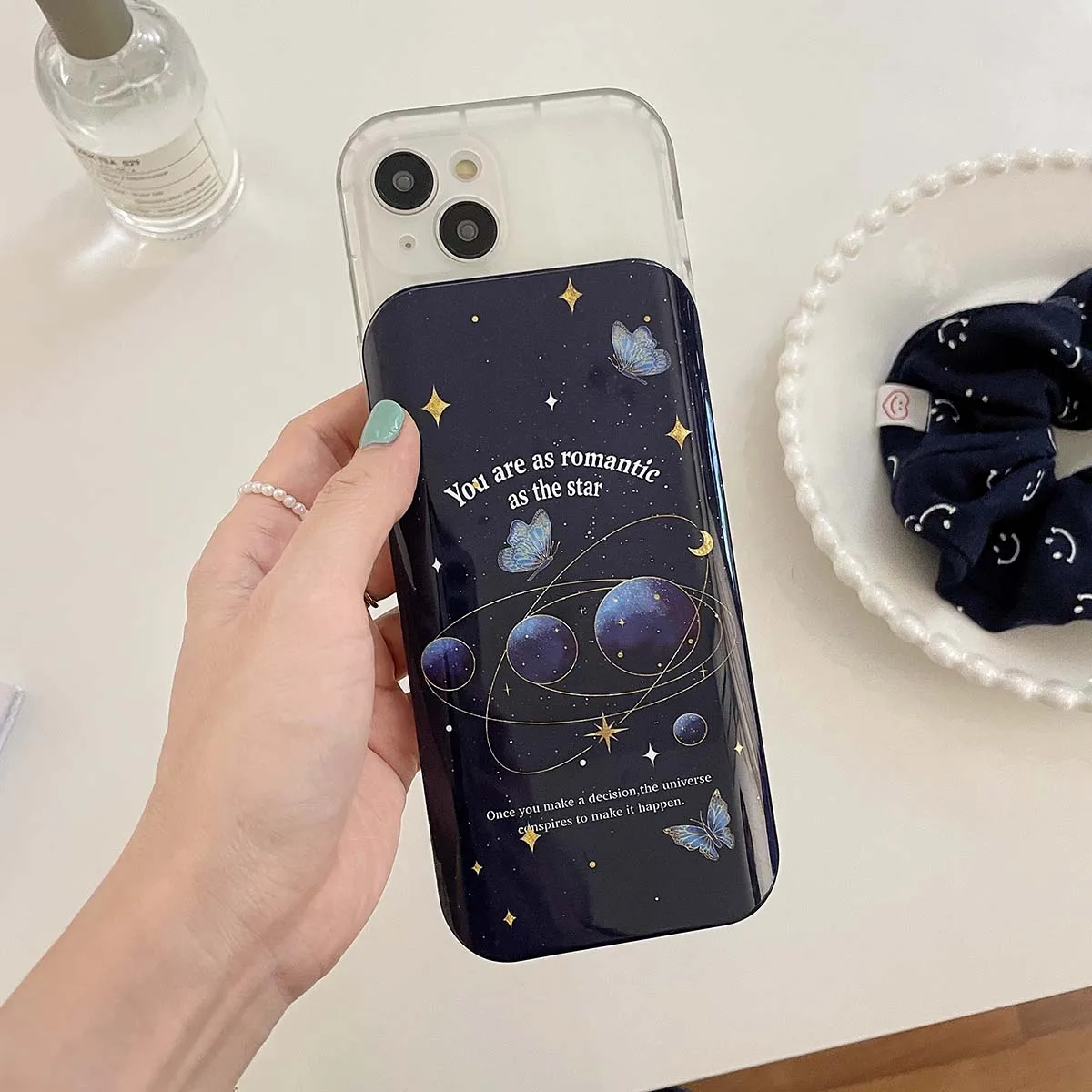 

New Cute Butterfly Galaxy Dual Layer Silicone Hard Back Cover For iPhone 14 13 12 11 Pro Max With Mirror Slide Camera Phone Case