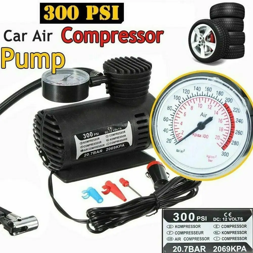 

Car Air Pump Locomotive Type With Pressure Gauge Tire Inflator Durable Mini Electric ABS Portable Compressor Auto 300PSI C300