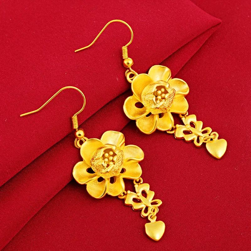 

24k Yellow Gold Gold Flower Simple Tassel Drop Earrings for Women Bride Sand Gold Bohemian Stud Earring Birthday Jewelry Gifts