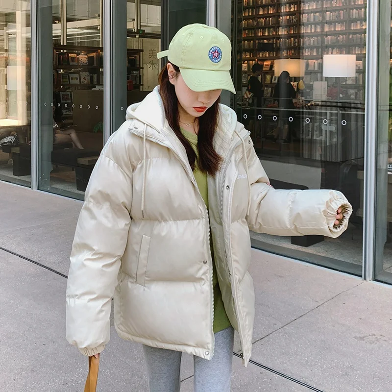 short  pink Puffer Coat Women Long Sleeve Hooded Solid Ladies Casual Winter Jacket Korean Style Zipper Pockets Outwear Female