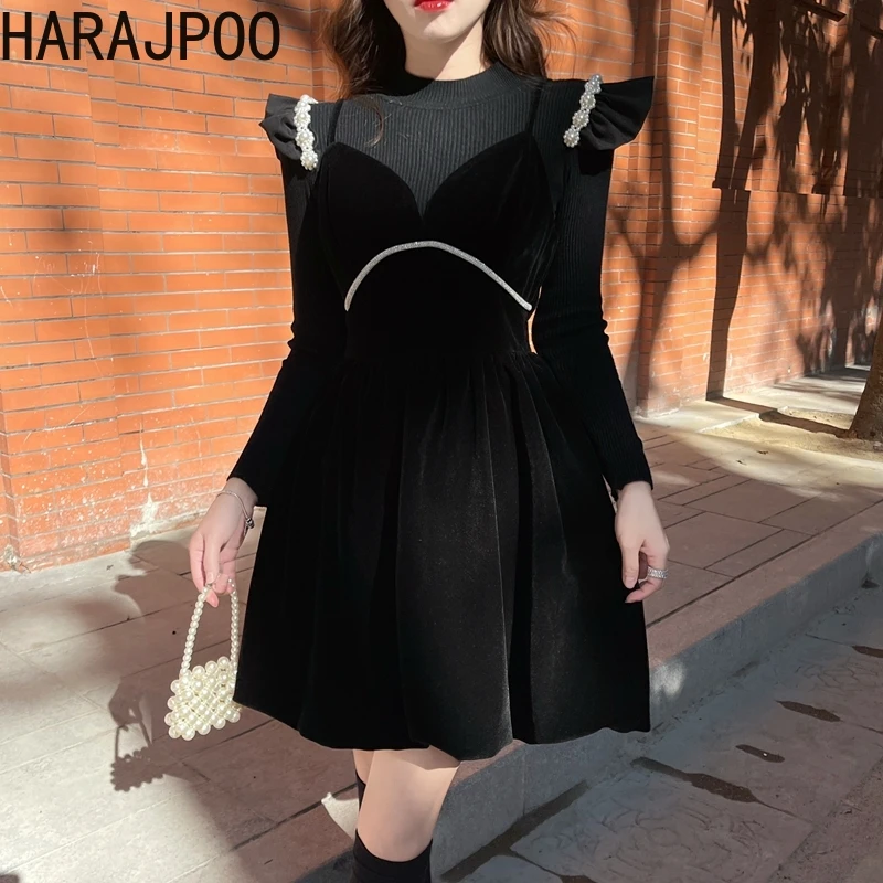 

Harajpoo Clothes Ladies Adjustable Shoulder Strap Black Velvet Suspender Sleeveless V Neck Simplee Korean 2022 Spring Mini Dress
