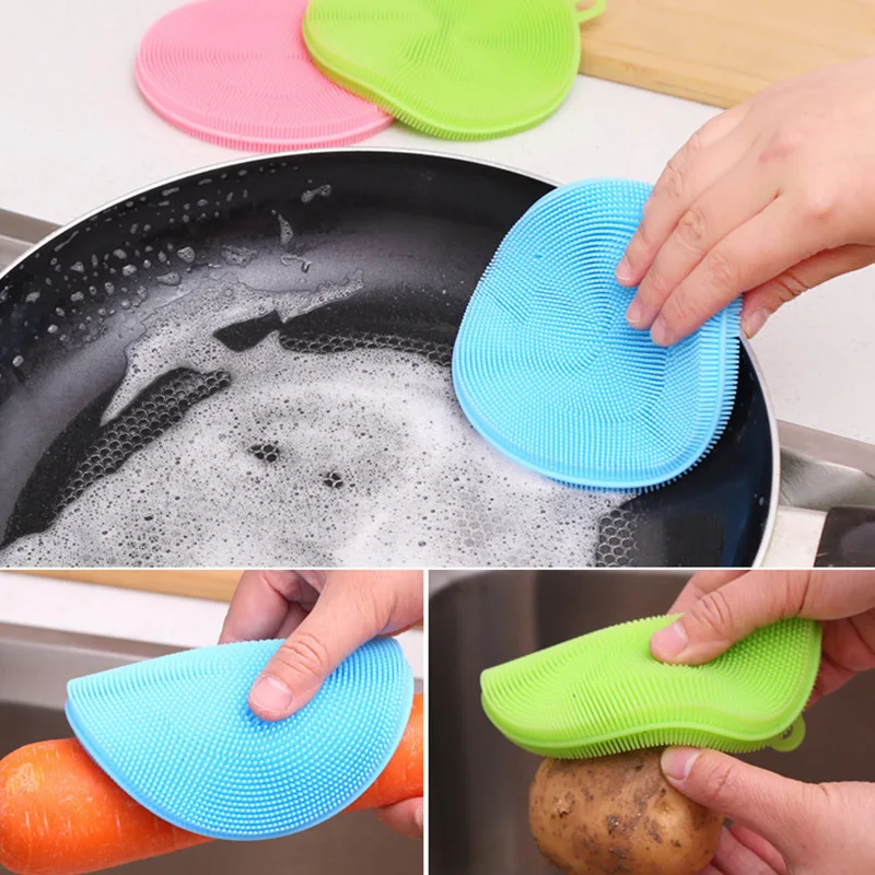 

3pcs Cleaning Brush Soft Silicone Scouring Pad Dishwashing Multi-functional Fruit Vegetable Cutlery Brushes Utensils for Kitchen