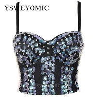 2022 summer off shoulder sexy female corset with cup sequins push up bustier nightclub party belly dance crop tops