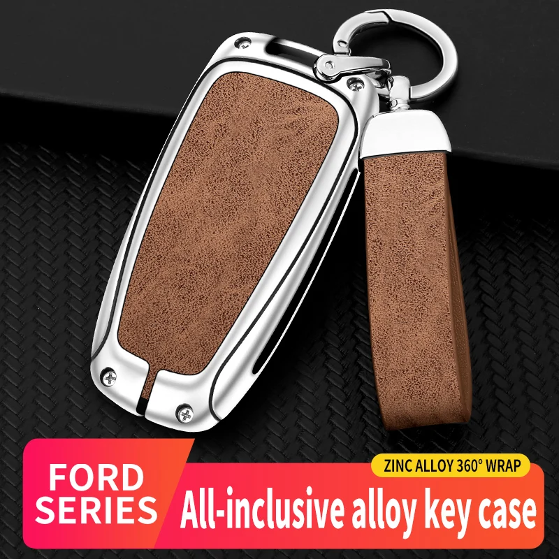 

Zinc Alloy+Leather Car Key Case Cover Shell For Ford Fusion Edge Mustang Explorer F150 F250 F350 Ecosport Protector Keychain